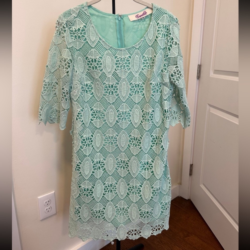 Mint green lace dress intricate crochet details, perfect for spring, 3/4 sleeve